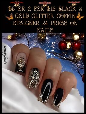 🆕$6 OR 2 FOR $10 BLACK & GOLD GLITTER COFFIN DESIGNER 24 PRESS ON NAILS